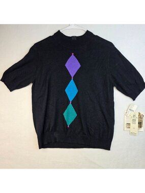 Vintage 90s Koret Argyle Silk Angora Sweater S Black Preppy Academia Retro Luxe